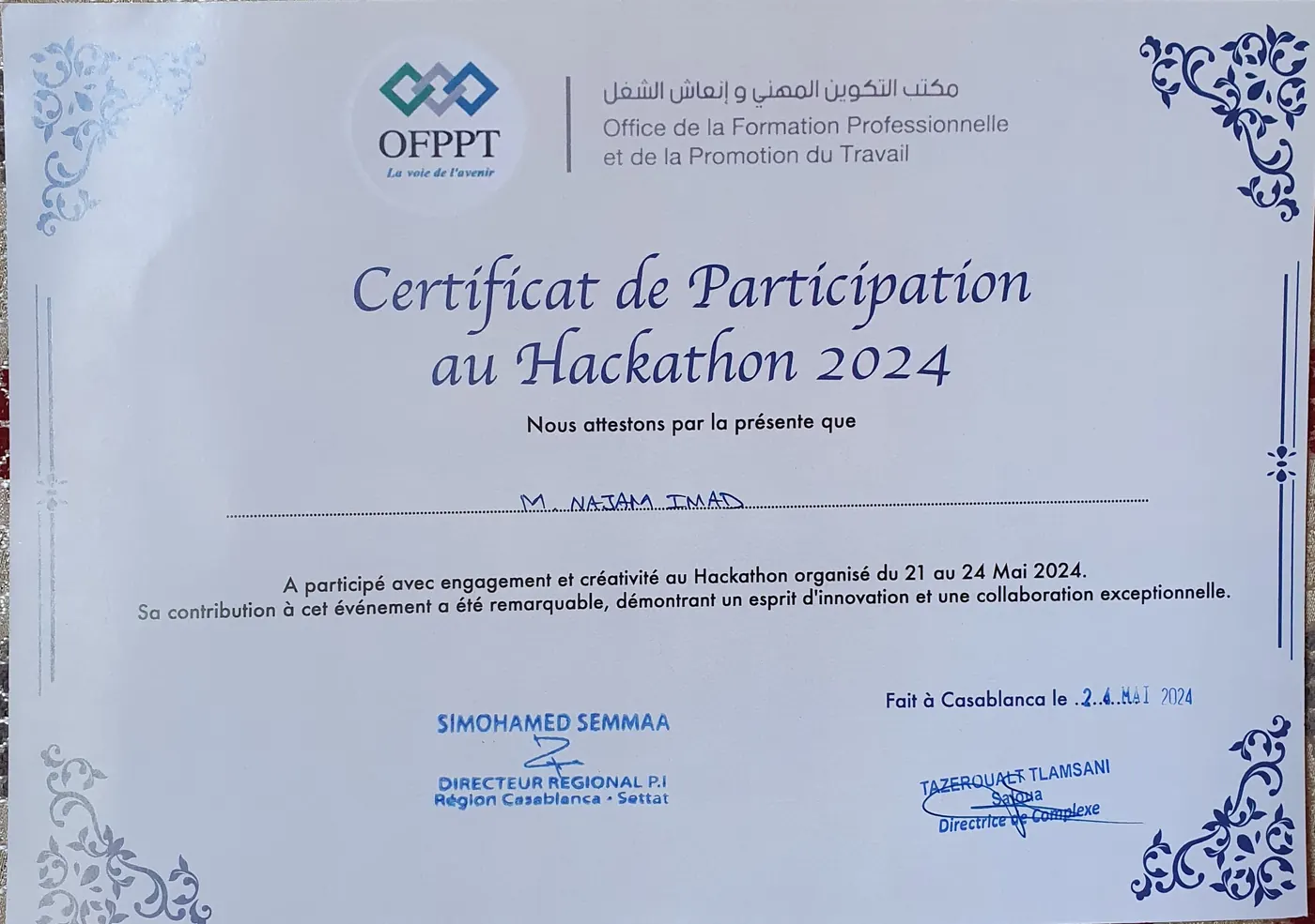 The OFPPT certificate of participation for the 2024 hackathon, awarded in Casablanca on 24 May 2024