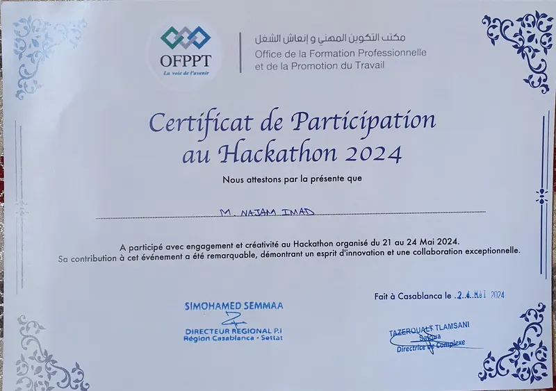 The OFPPT hackathon certificate of participation