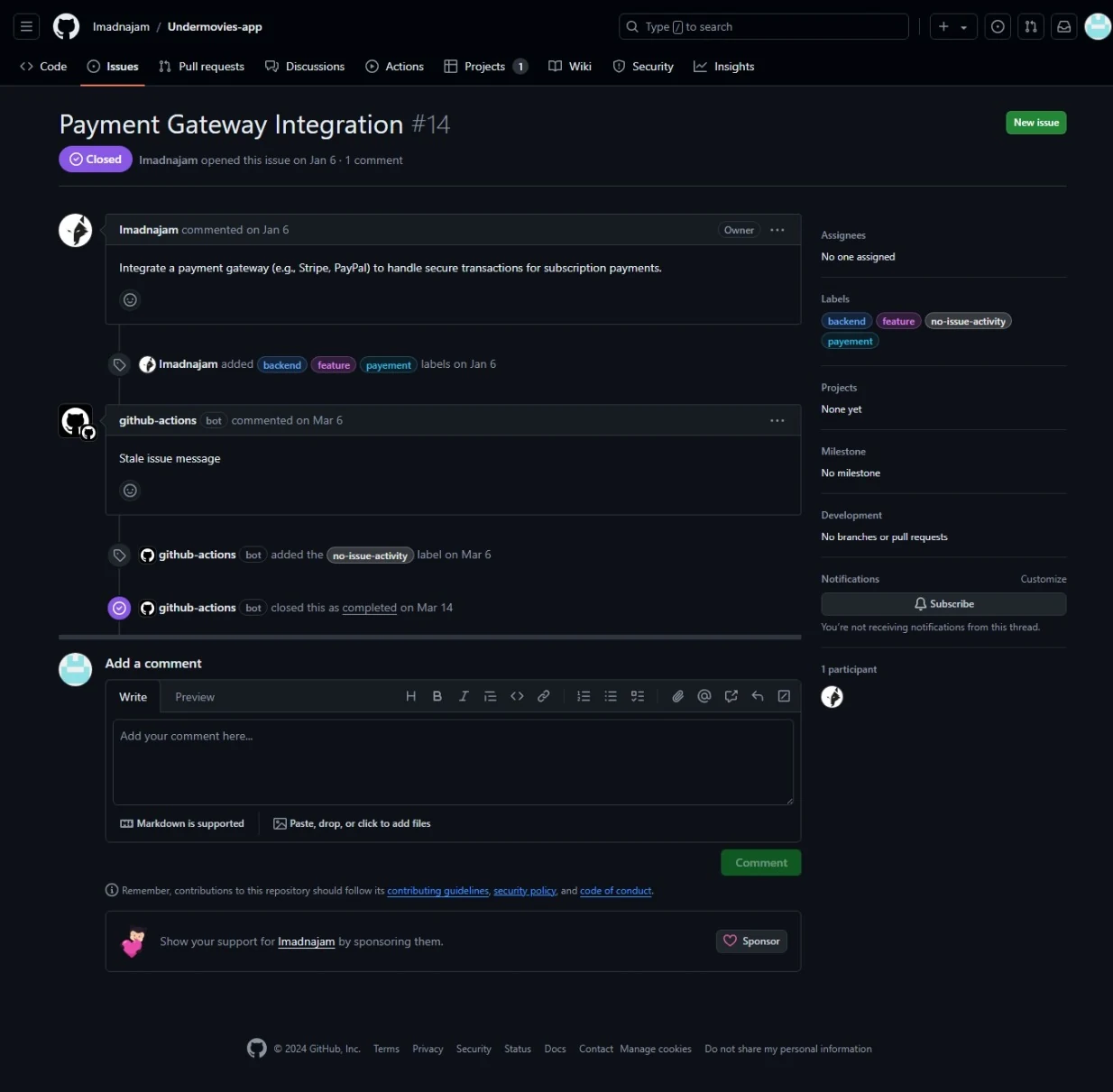 A GitHub issue with labels, assignees and a bot-managed stale workflow