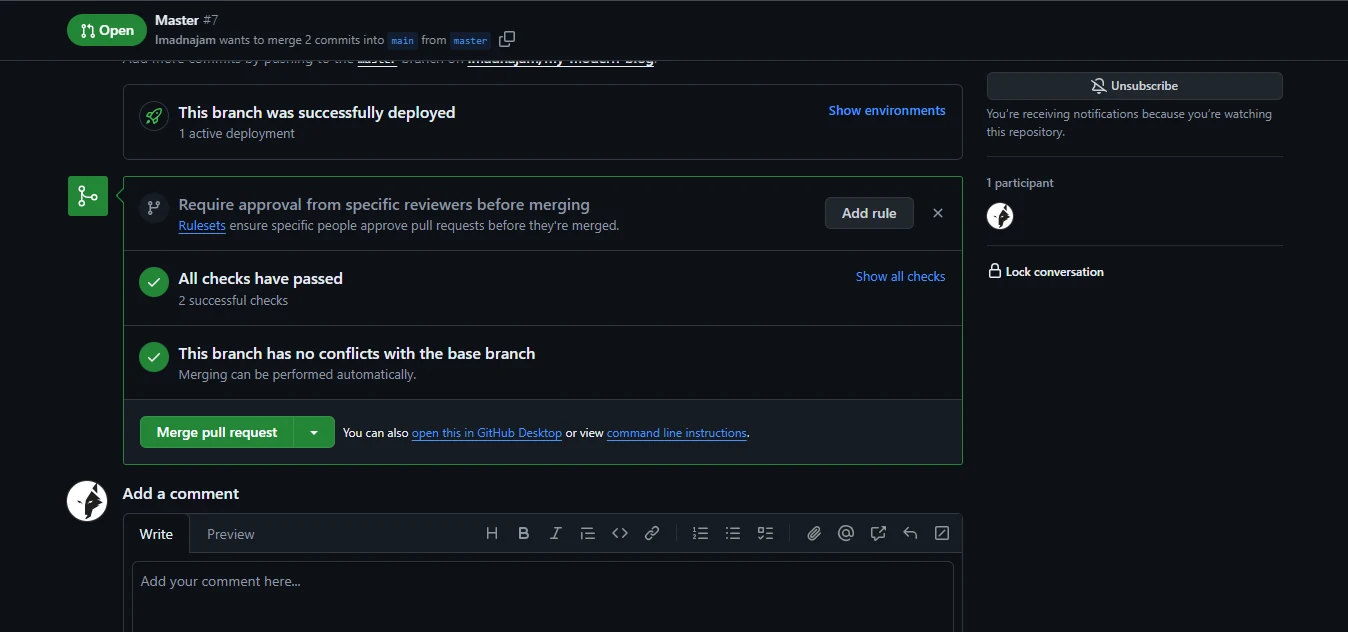 A pull request on GitHub showing passing checks and no merge conflicts
